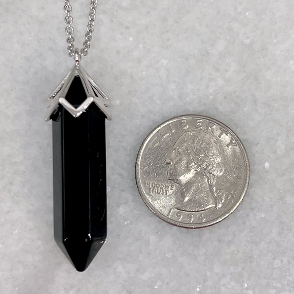 Black Agate Silvertone Crystal Point Pendant Necklace - Picture 9 of 9